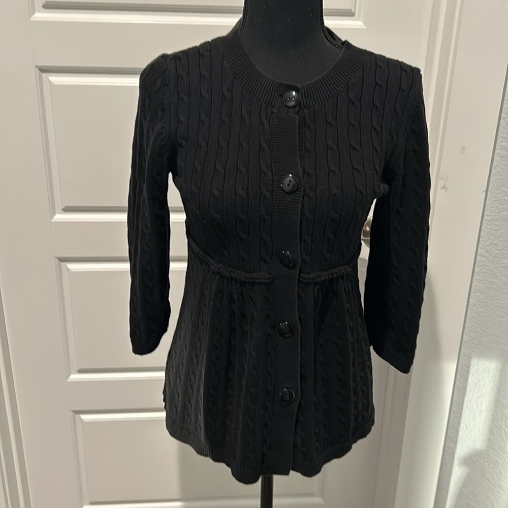 Ann Taylor Loft:Black button-down sweater, empire waist, elbow length sleeves, M